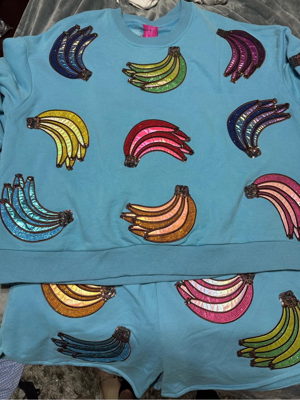 QUEEN OF SPARKLES Blue Sweatshirt & Shorts Set with Rhinestone Bananas